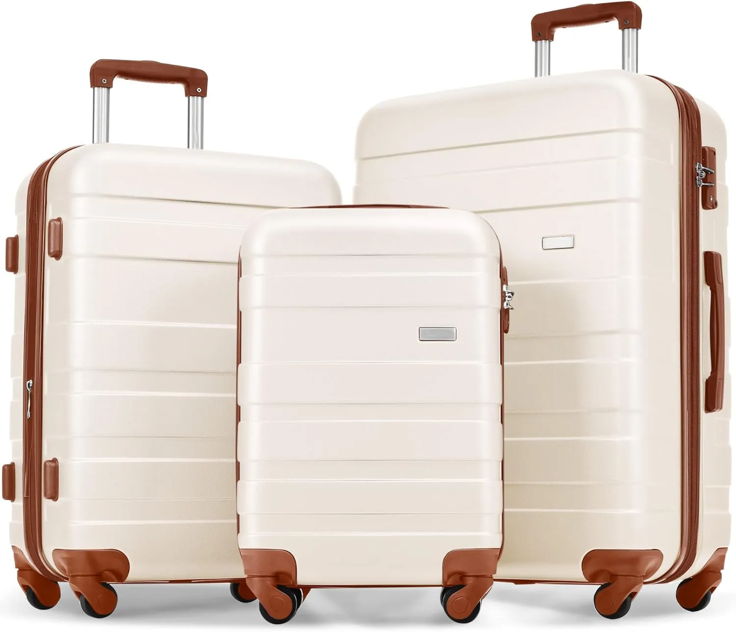 Merax Luggage Sets Hardshell 3 Piece Suitcase with Spinner Wheels & TSA Lock ABS Lightweight Durable Travel Luggage 20''/24''/28'' for Airline Carry-On (Ivory and Brown, No Extended Functions)