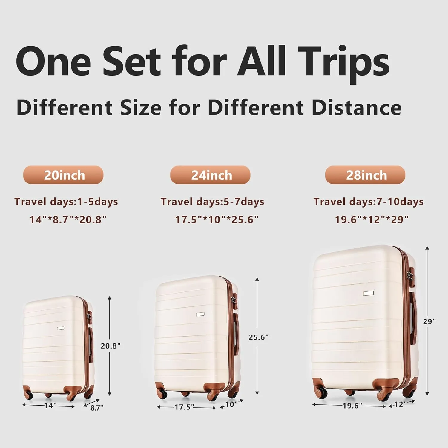 Merax Luggage Sets Hardshell 3 Piece Suitcase with Spinner Wheels & TSA Lock ABS Lightweight Durable Travel Luggage 20''/24''/28'' for Airline Carry-On (Ivory and Brown, No Extended Functions)