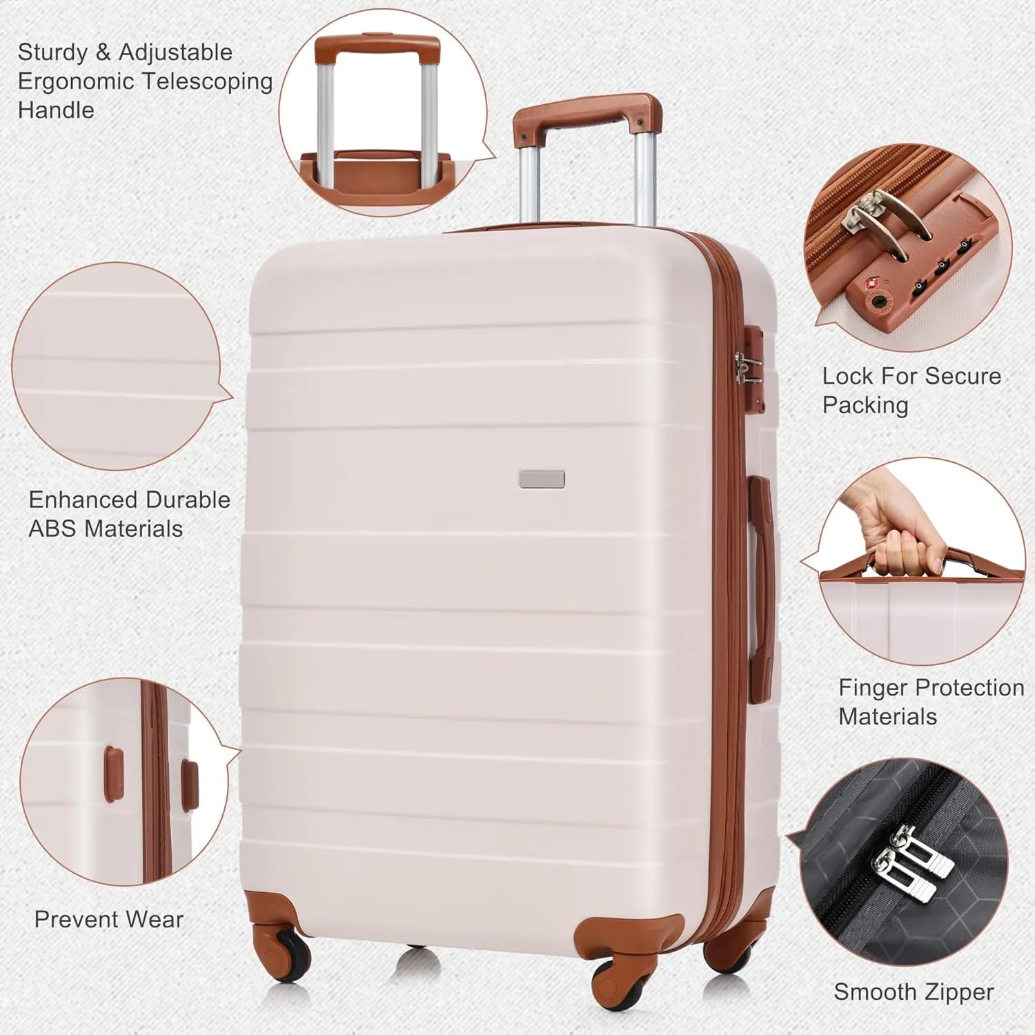Merax Luggage Sets Hardshell 3 Piece Suitcase with Spinner Wheels & TSA Lock ABS Lightweight Durable Travel Luggage 20''/24''/28'' for Airline Carry-On (Ivory and Brown, No Extended Functions)
