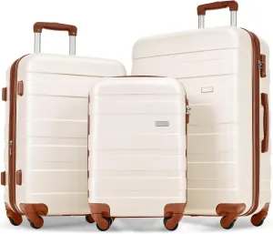Merax Luggage Sets Hardshell 3 Piece Suitcase with Spinner Wheels & TSA Lock ABS Lightweight Durable Travel Luggage 20''/24''/28'' for Airline Carry-On (Ivory and Brown, No Extended Functions)