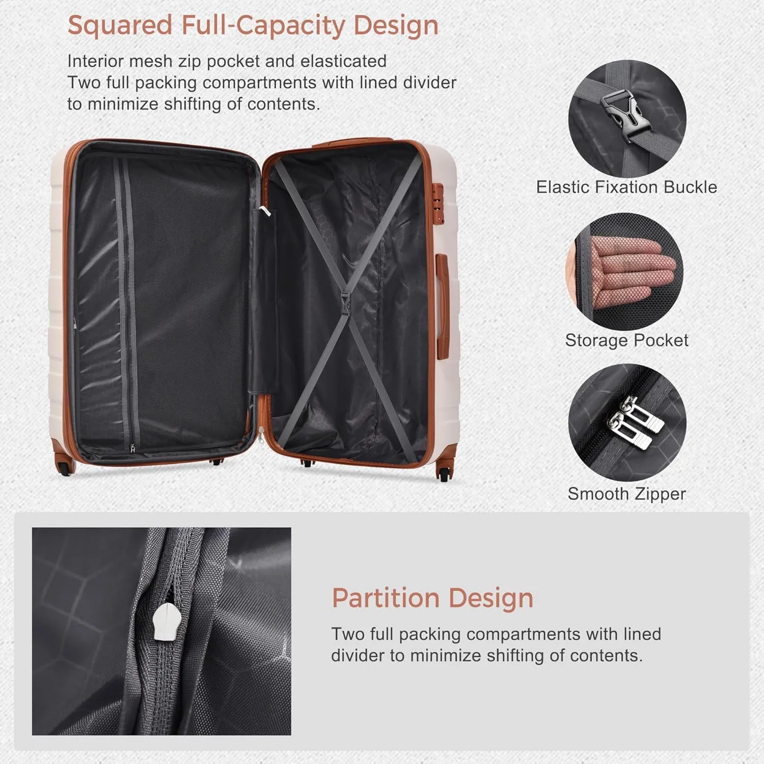 Merax Luggage Sets Hardshell 3 Piece Suitcase with Spinner Wheels & TSA Lock ABS Lightweight Durable Travel Luggage 20''/24''/28'' for Airline Carry-On (Ivory and Brown, No Extended Functions)