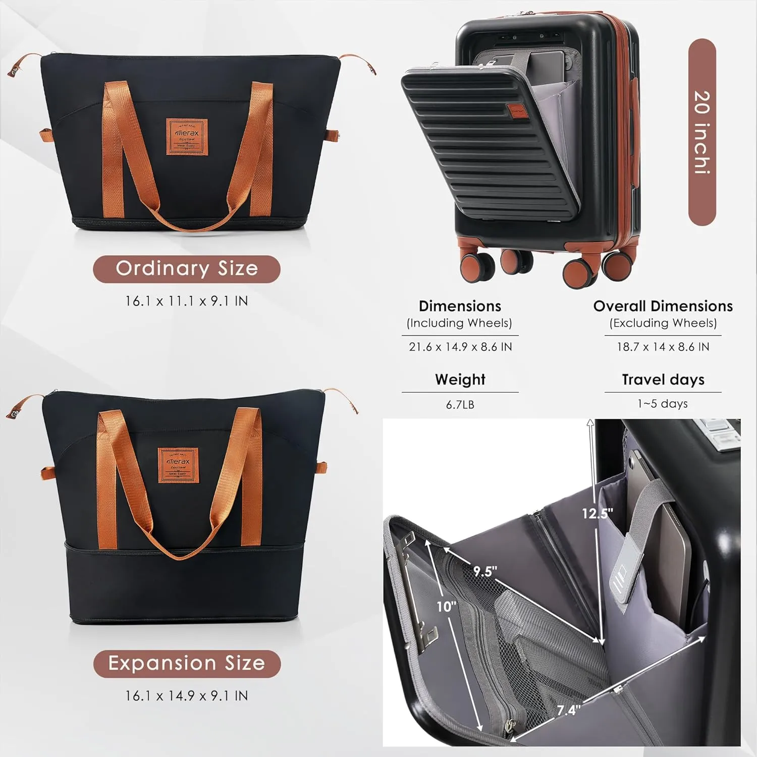Merax Luggage with Cup Holder and USB Port with Cosmetic Carry On Bag, Black, 2-Piece Set