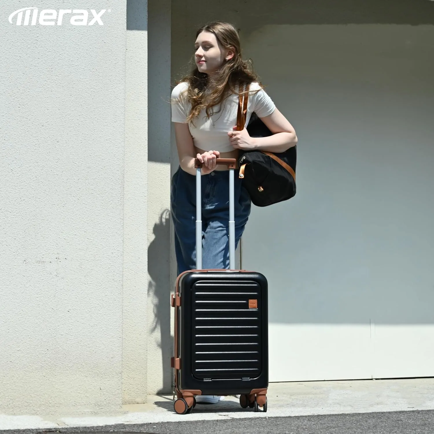 Merax Luggage with Cup Holder and USB Port with Cosmetic Carry On Bag, Black, 2-Piece Set