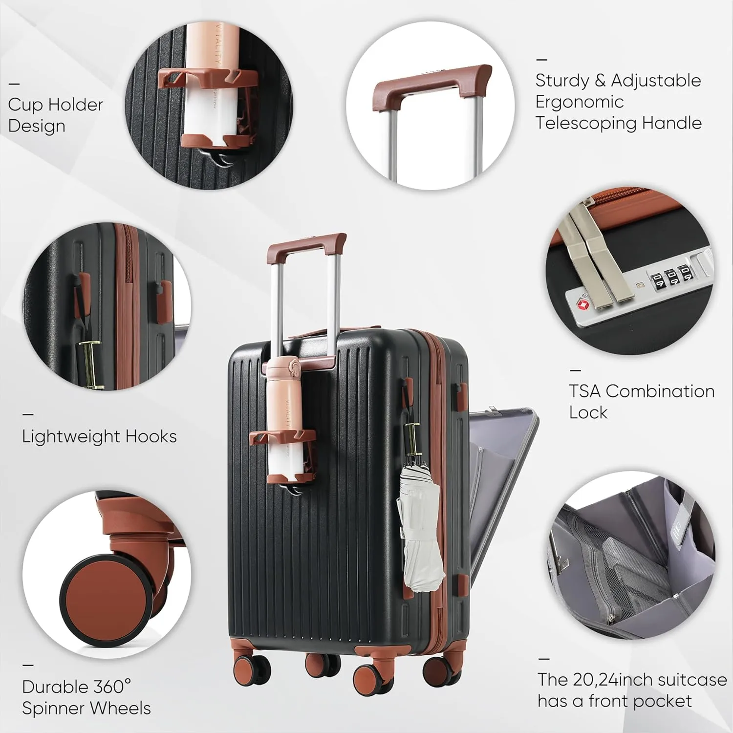 Merax Luggage with Cup Holder and USB Port with Cosmetic Carry On Bag, Black, 2-Piece Set