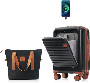 Merax Luggage with Cup Holder and USB Port with Cosmetic Carry On Bag, Black, 2-Piece Set