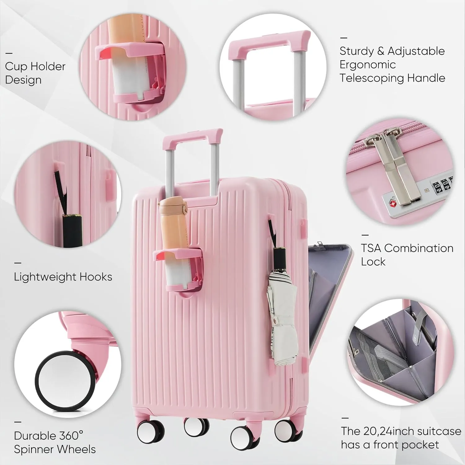Merax Sets 3 Piece Hardside Carry On Luggage with Spinner Wheels Lightweight USB Port, Pink, 20 in & Travel Bag