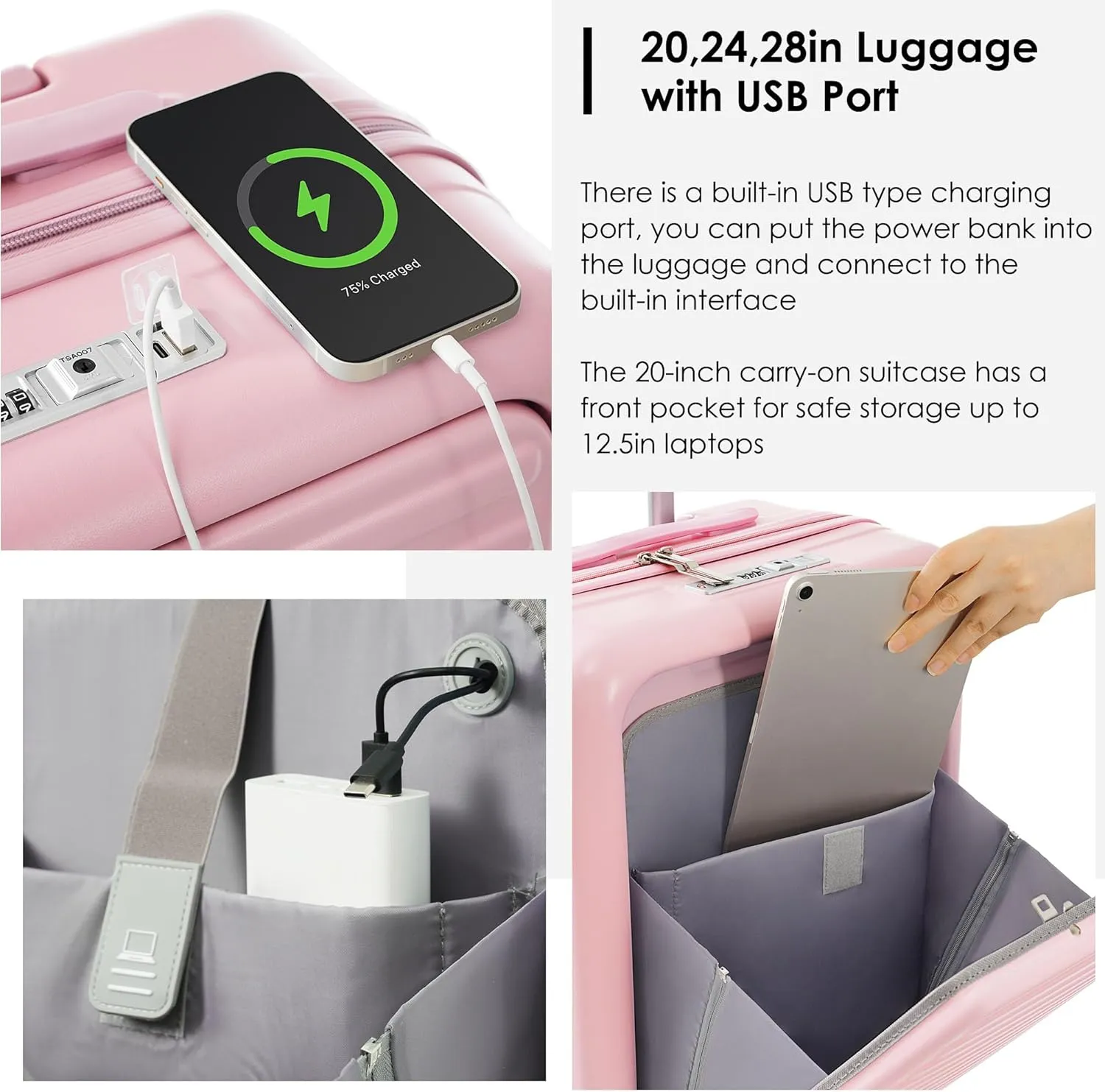 Merax Sets 3 Piece Hardside Carry On Luggage with Spinner Wheels Lightweight USB Port, Pink, 20 in & Travel Bag