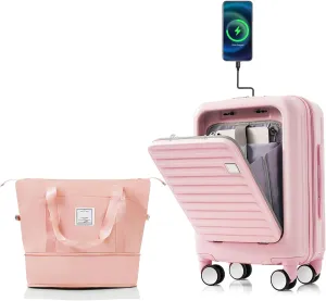 Merax Sets 3 Piece Hardside Carry On Luggage with Spinner Wheels Lightweight USB Port, Pink, 20 in & Travel Bag
