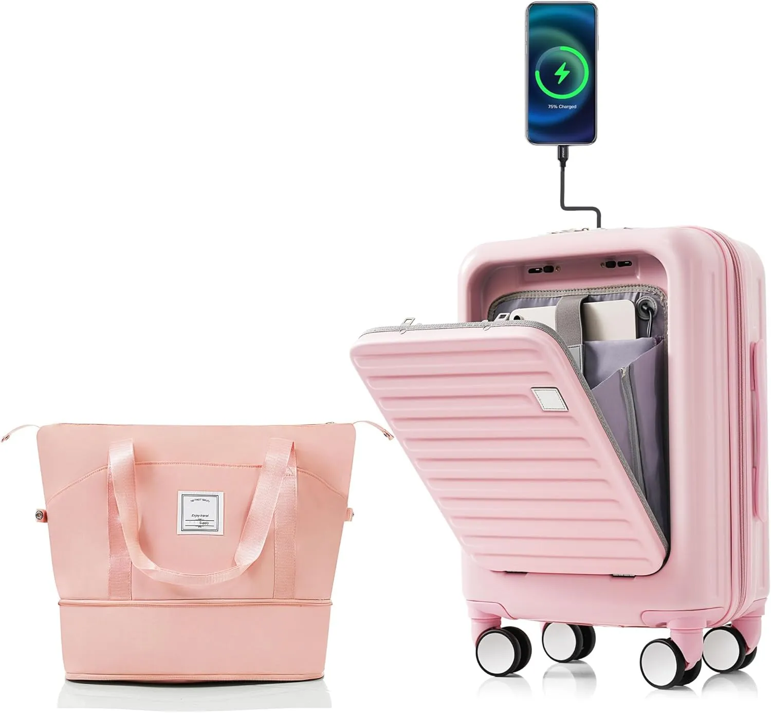 Merax Sets 3 Piece Hardside Carry On Luggage with Spinner Wheels Lightweight USB Port, Pink, 20 in & Travel Bag