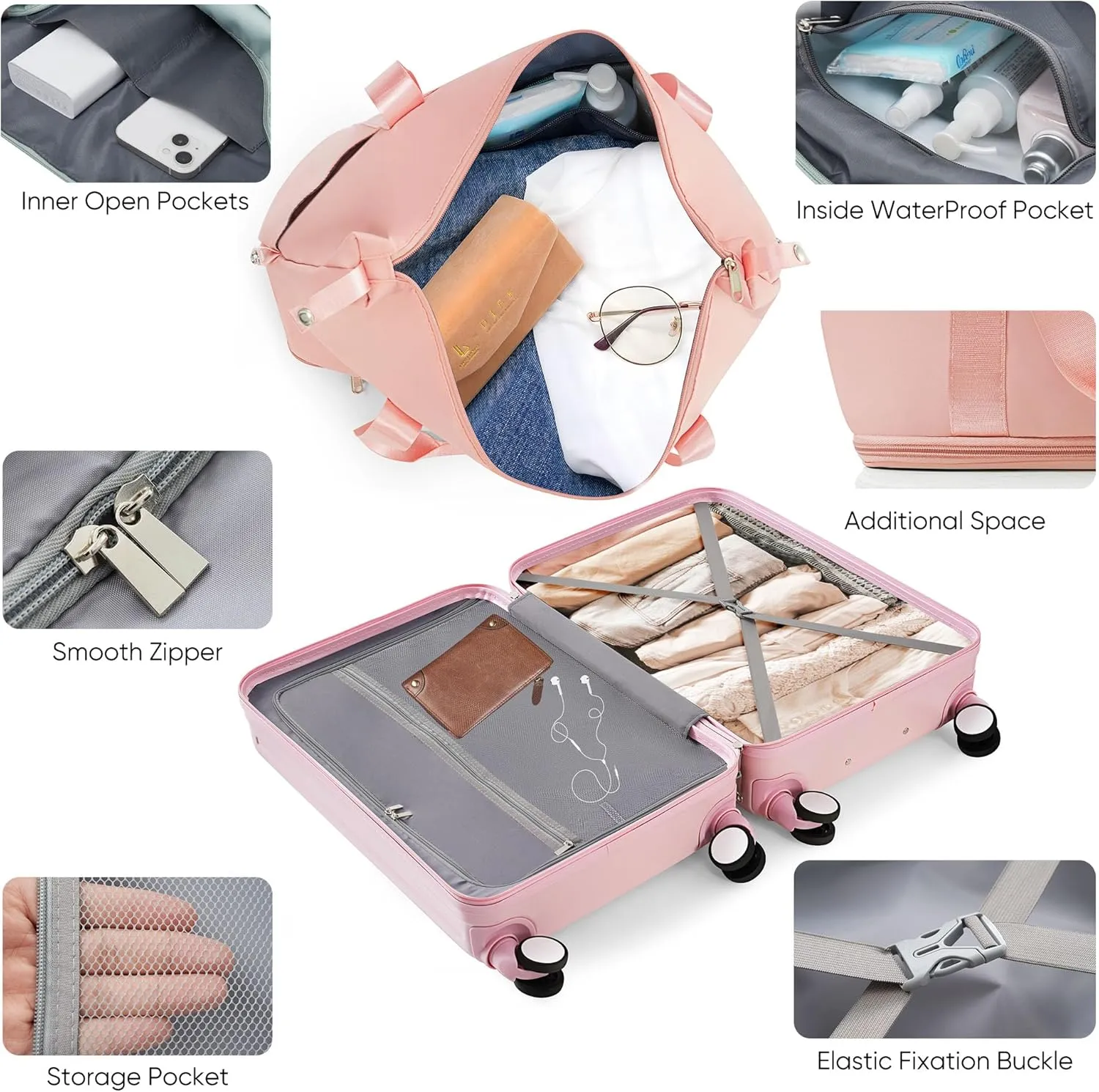 Merax Sets 3 Piece Hardside Carry On Luggage with Spinner Wheels Lightweight USB Port, Pink, 20 in & Travel Bag