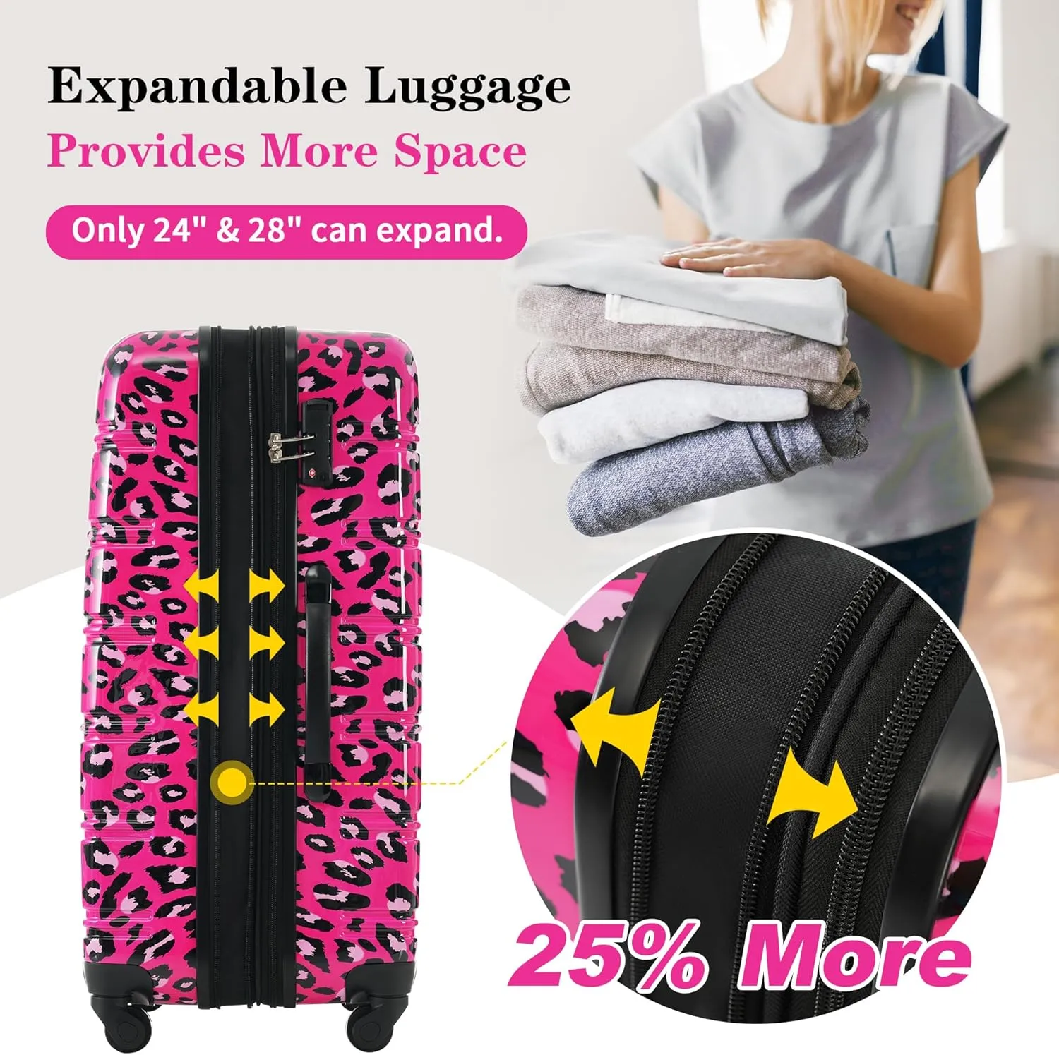 Merax Suitcase Set, Hardshell Luggage Sets 3 Piece with Spinner Wheels, Expandable Durable Suitcase with TSA Lock Lightweight 20" 24" 28", Hot Pink Leopard