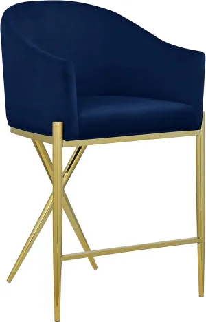 Meridian Furniture 867Navy-C Xavier Collection Velvet Upholstered Counter Stool with Sturdy Gold Metal Legs, Navy, 23.5" W x 22.5" D x 38" H
