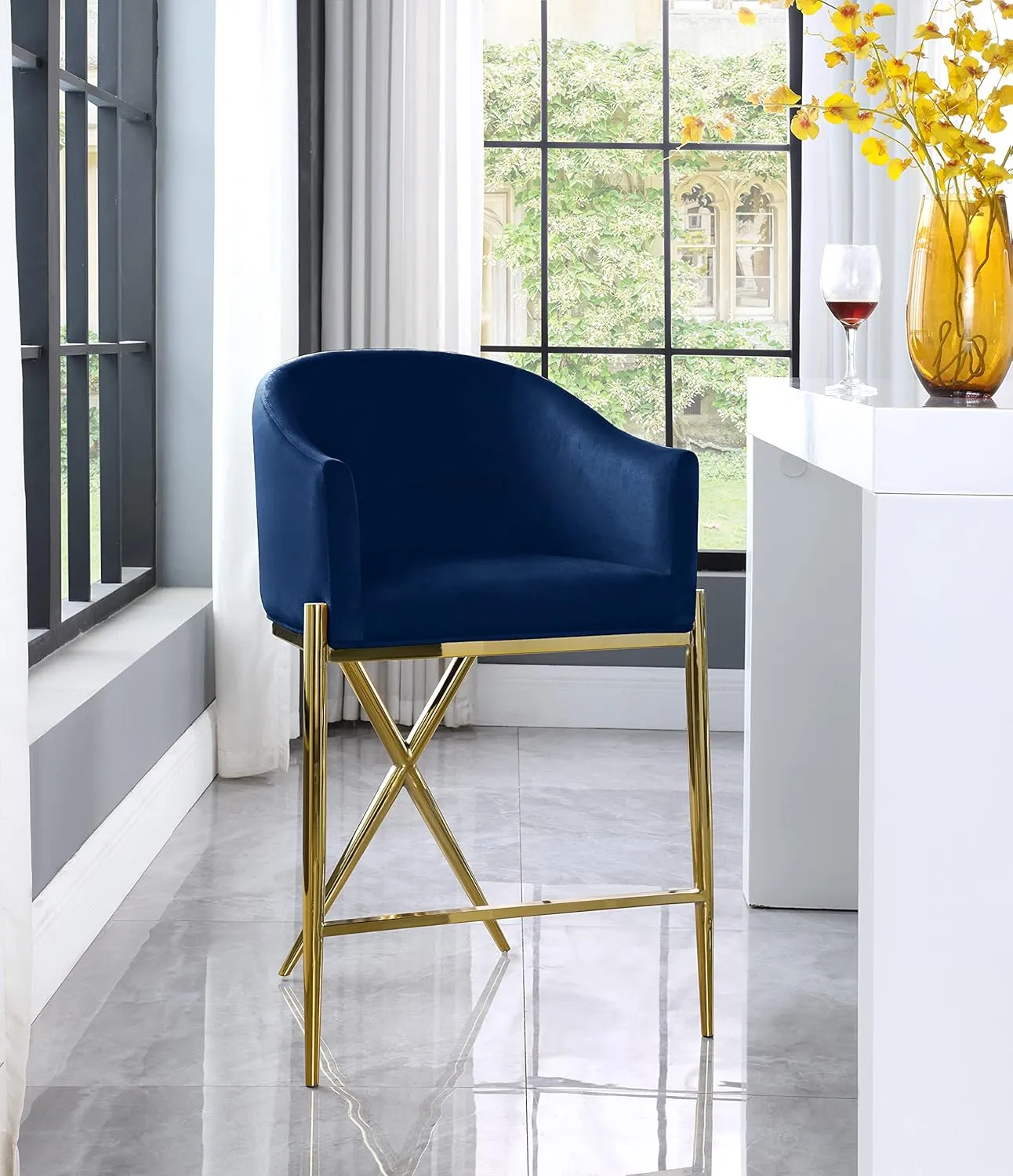 Meridian Furniture 867Navy-C Xavier Collection Velvet Upholstered Counter Stool with Sturdy Gold Metal Legs, Navy, 23.5" W x 22.5" D x 38" H