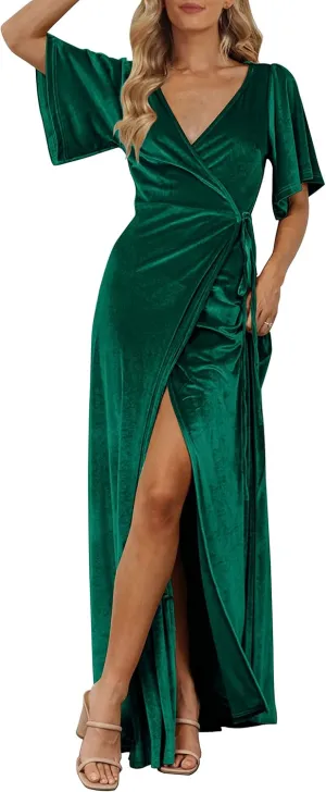 MEROKEETY Women's V Neck Wrap Velvet Maxi Dress Bell Sleeve Split Bridesmaid Cocktail Party Dresses