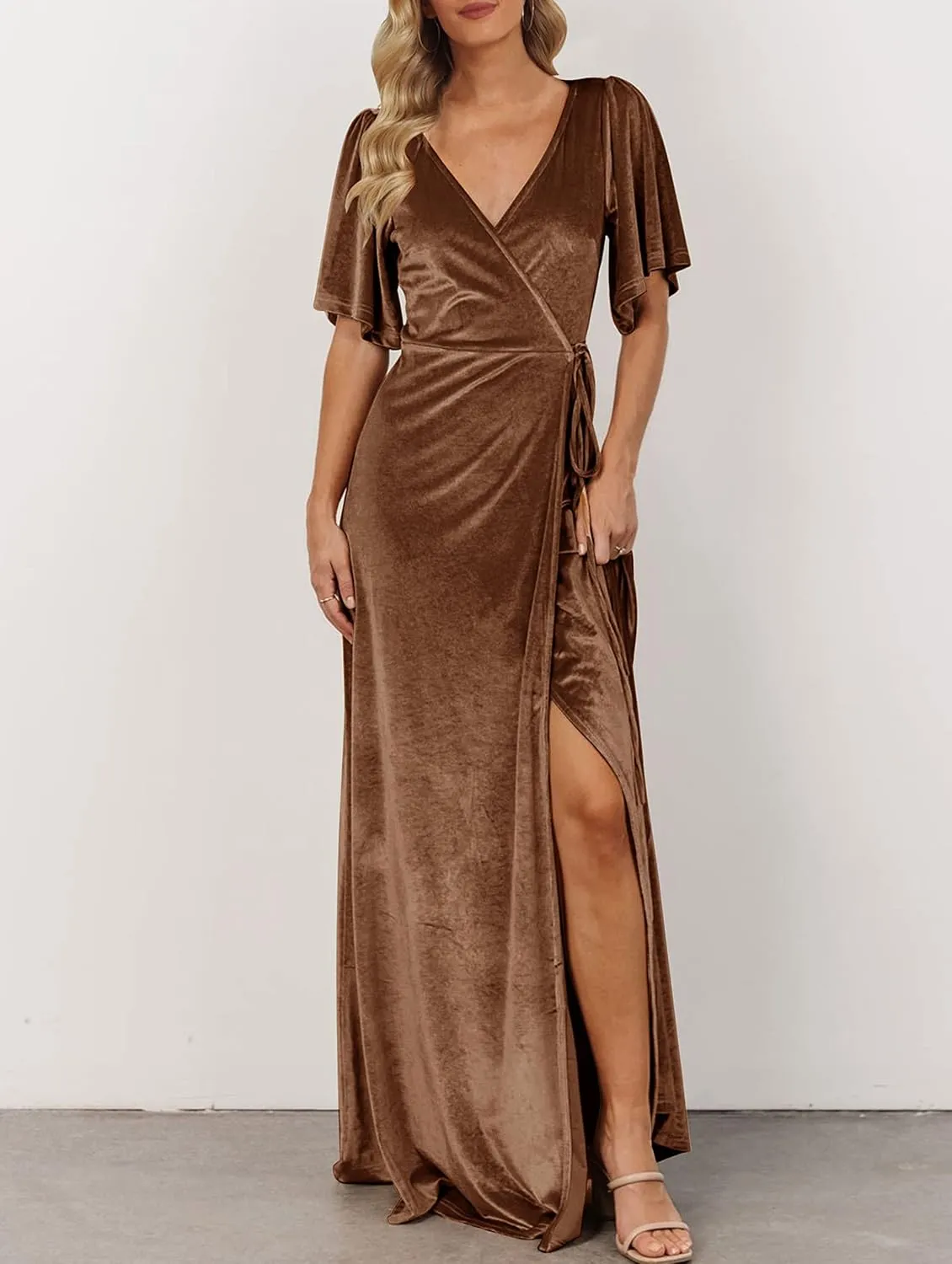MEROKEETY Women's V Neck Wrap Velvet Maxi Dress Bell Sleeve Split Bridesmaid Cocktail Party Dresses