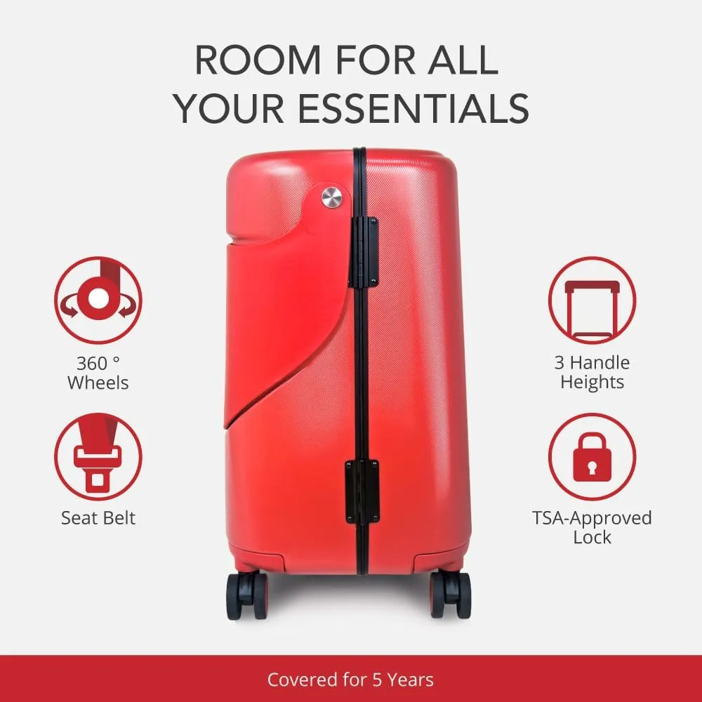MiaMily 4-Wheel Carry On Luggage with Seat for Kids with Seat Belt, Waterproof Pocket, Adjustable Handle, and Hard Body with 43 Liter Capacity, Maroon Red