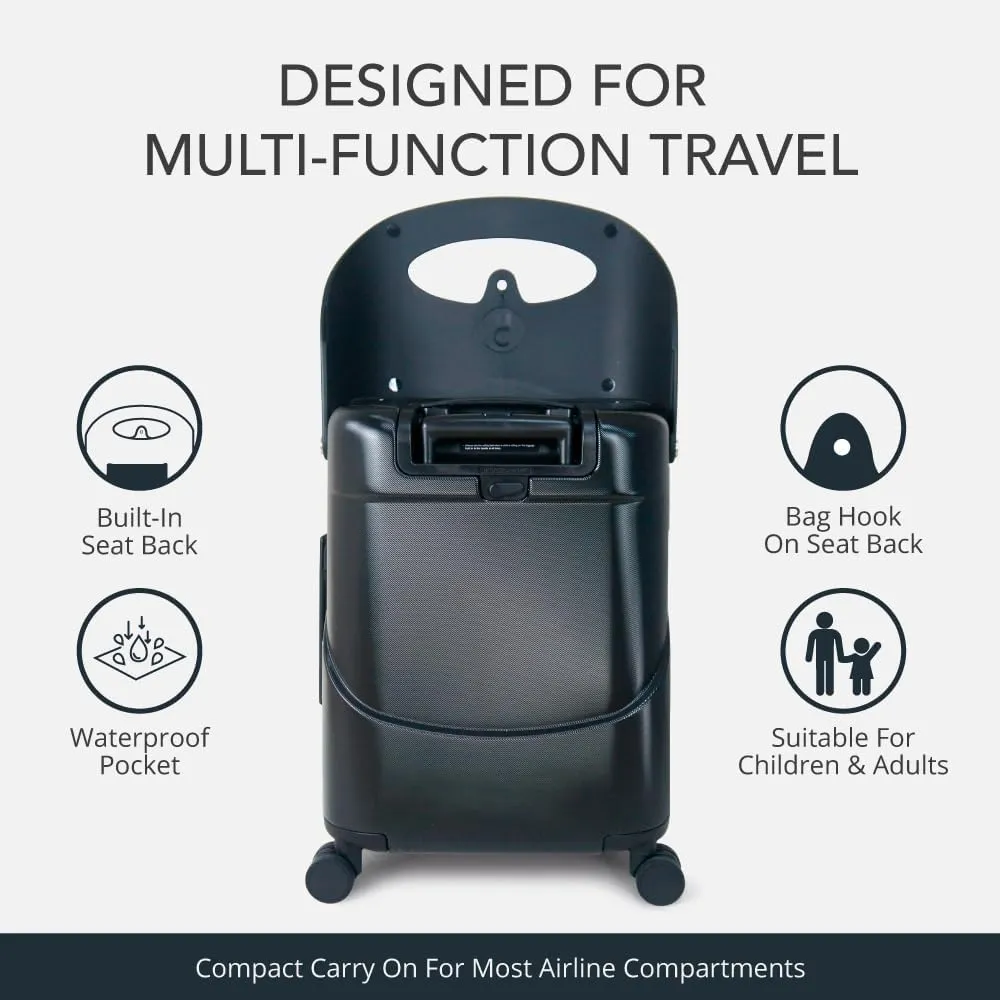 MiaMily 4-Wheel Carry On Luggage with Seat for Kids with Seat Belt, Waterproof Pocket, Adjustable Handle, and Hard Body with 43 Liter Capacity, Midnight Black