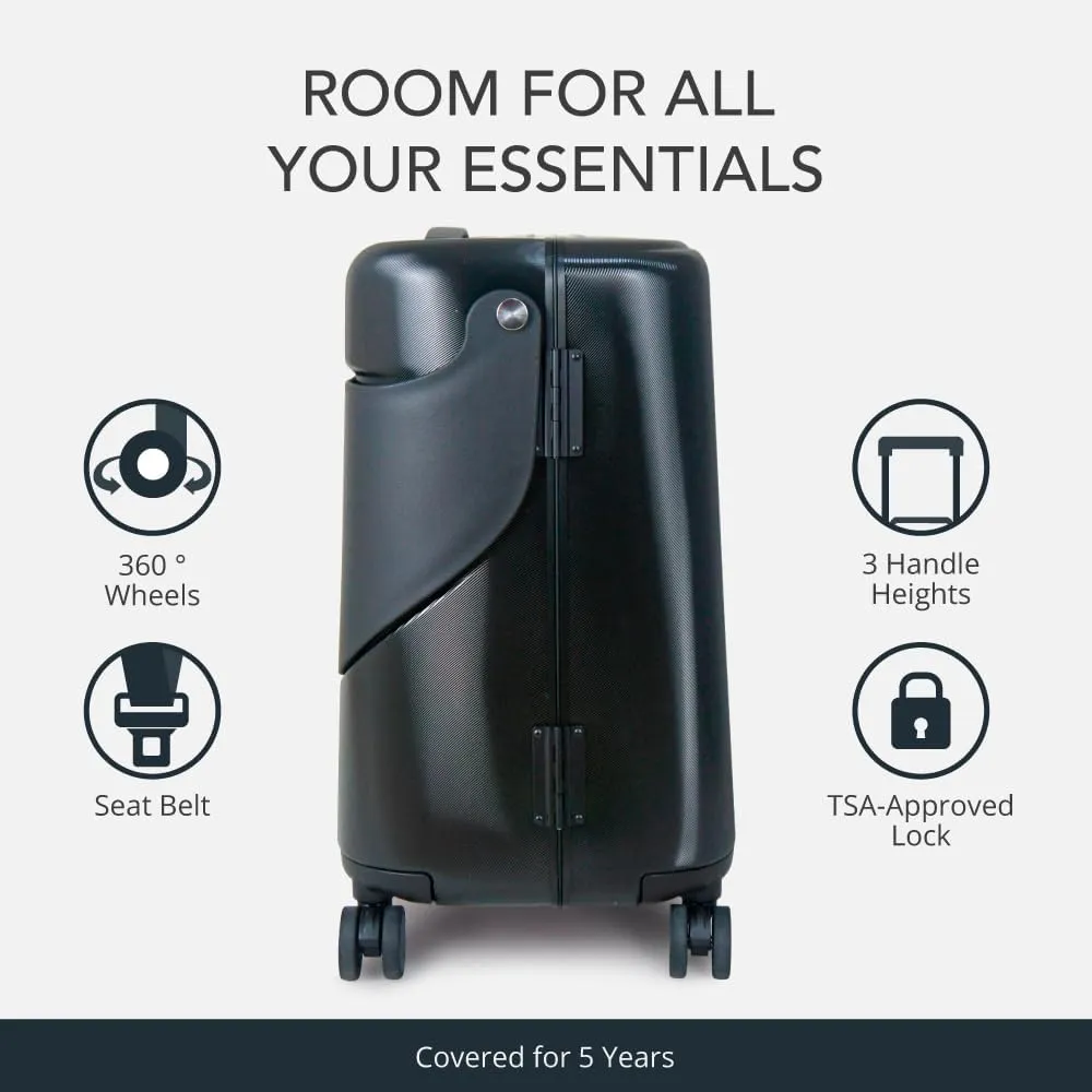 MiaMily 4-Wheel Carry On Luggage with Seat for Kids with Seat Belt, Waterproof Pocket, Adjustable Handle, and Hard Body with 43 Liter Capacity, Midnight Black
