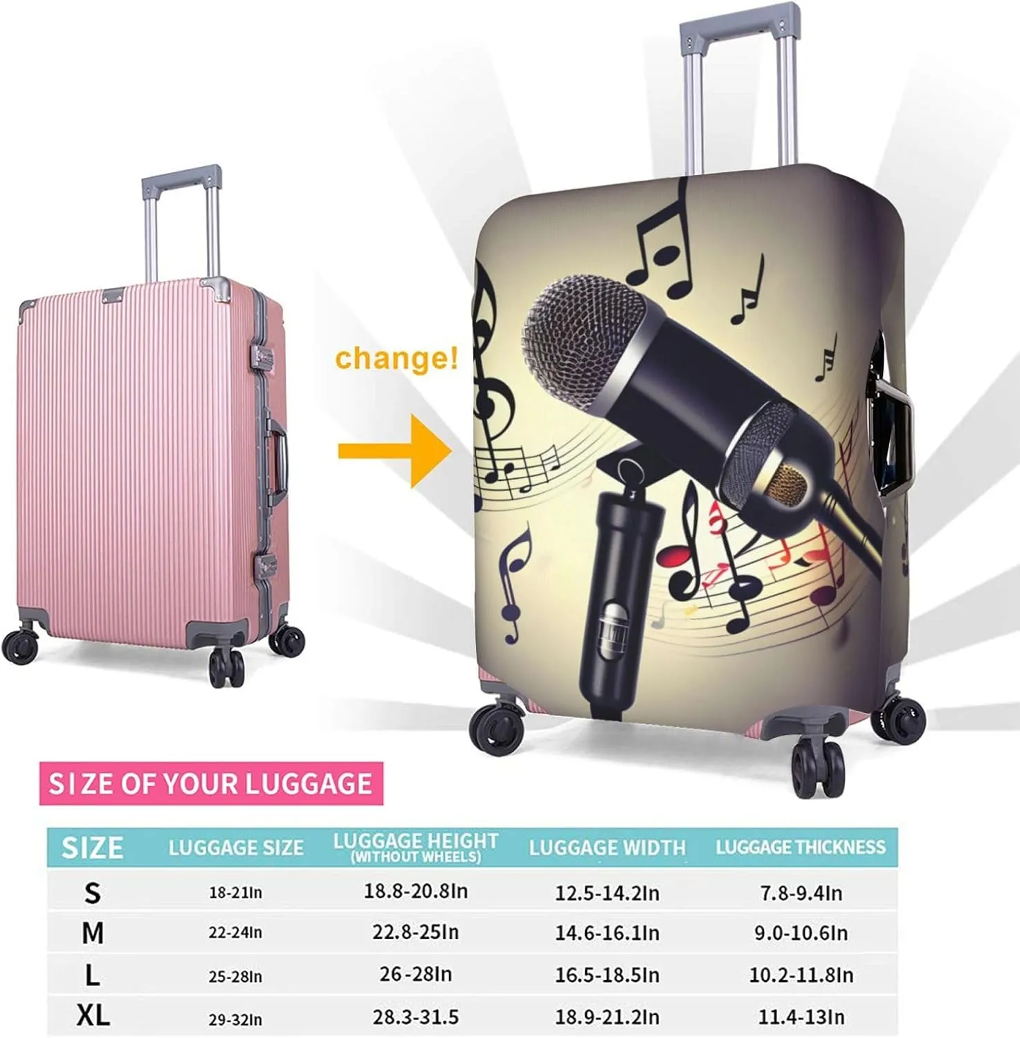 Microphone With Music Note Travel Luggage Cover Suitcase Protector Fits 18-22 Inch Luggage,Anti Scratch Dirt Covers