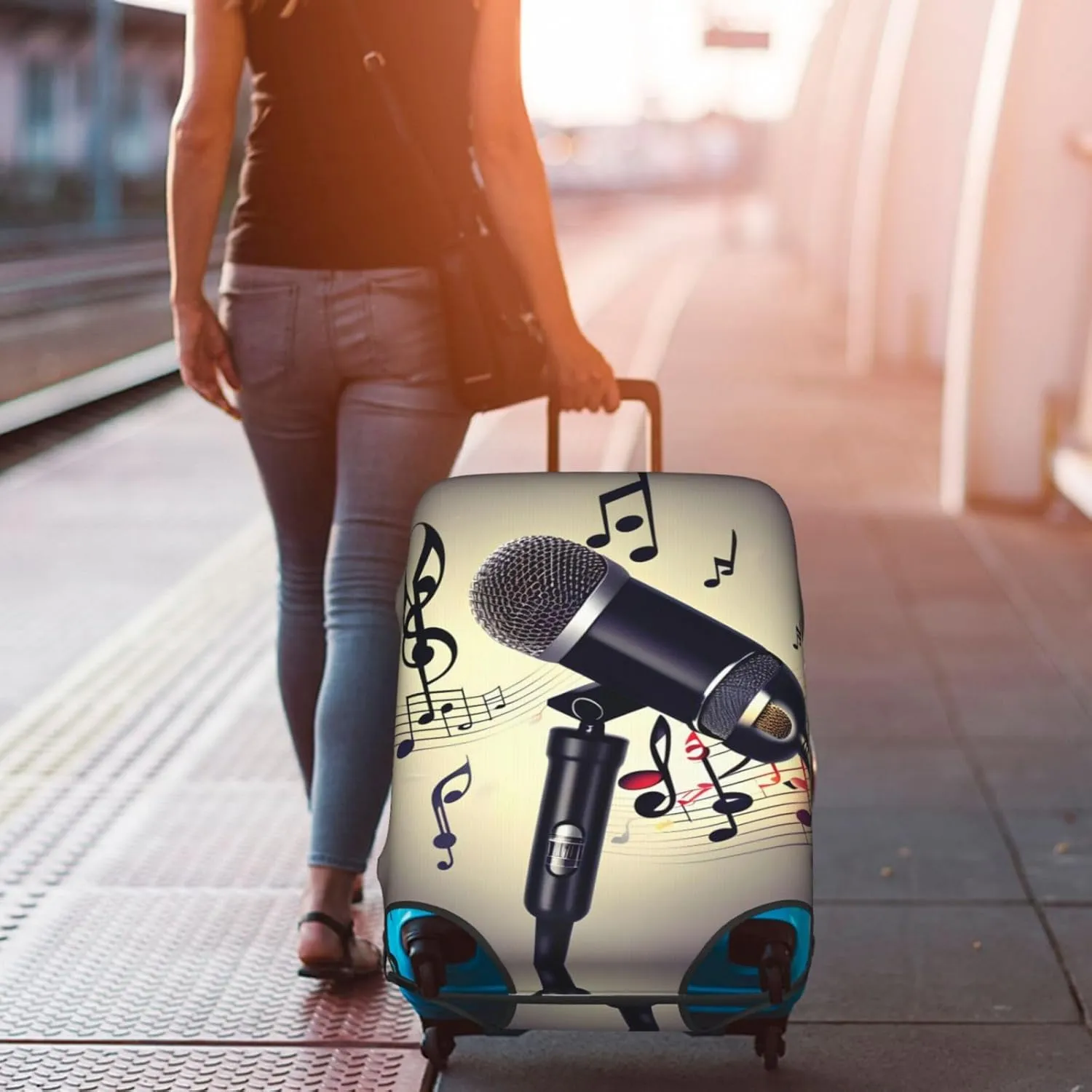 Microphone With Music Note Travel Luggage Cover Suitcase Protector Fits 18-22 Inch Luggage,Anti Scratch Dirt Covers