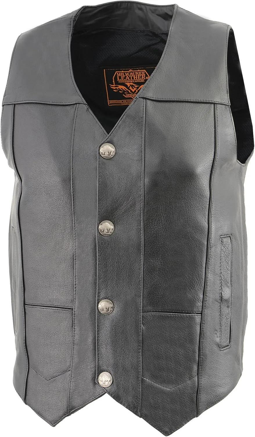 Milwaukee Leather Men's Black Leather Classic V-Neck Motorcycle Rider Vest w/Buffalo Nickel Snaps Closure LKM3700