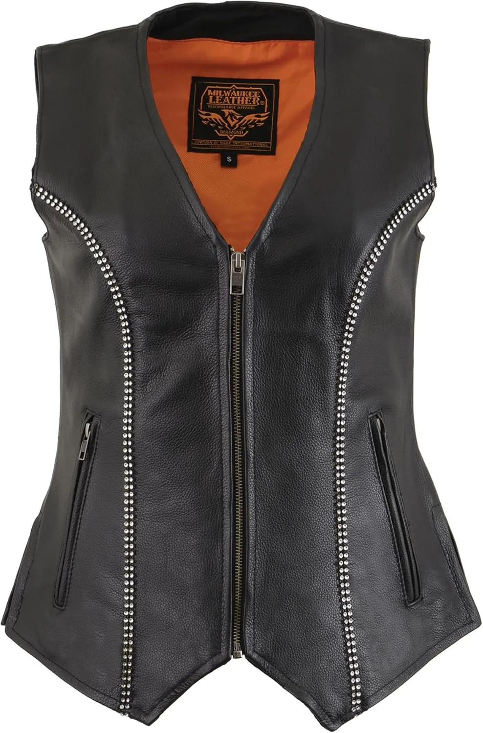 Milwaukee Leather Women's Black Leather Classic V-Neck Motorcycle Rider Vest with Rhinestone Bling Detail MLL4502