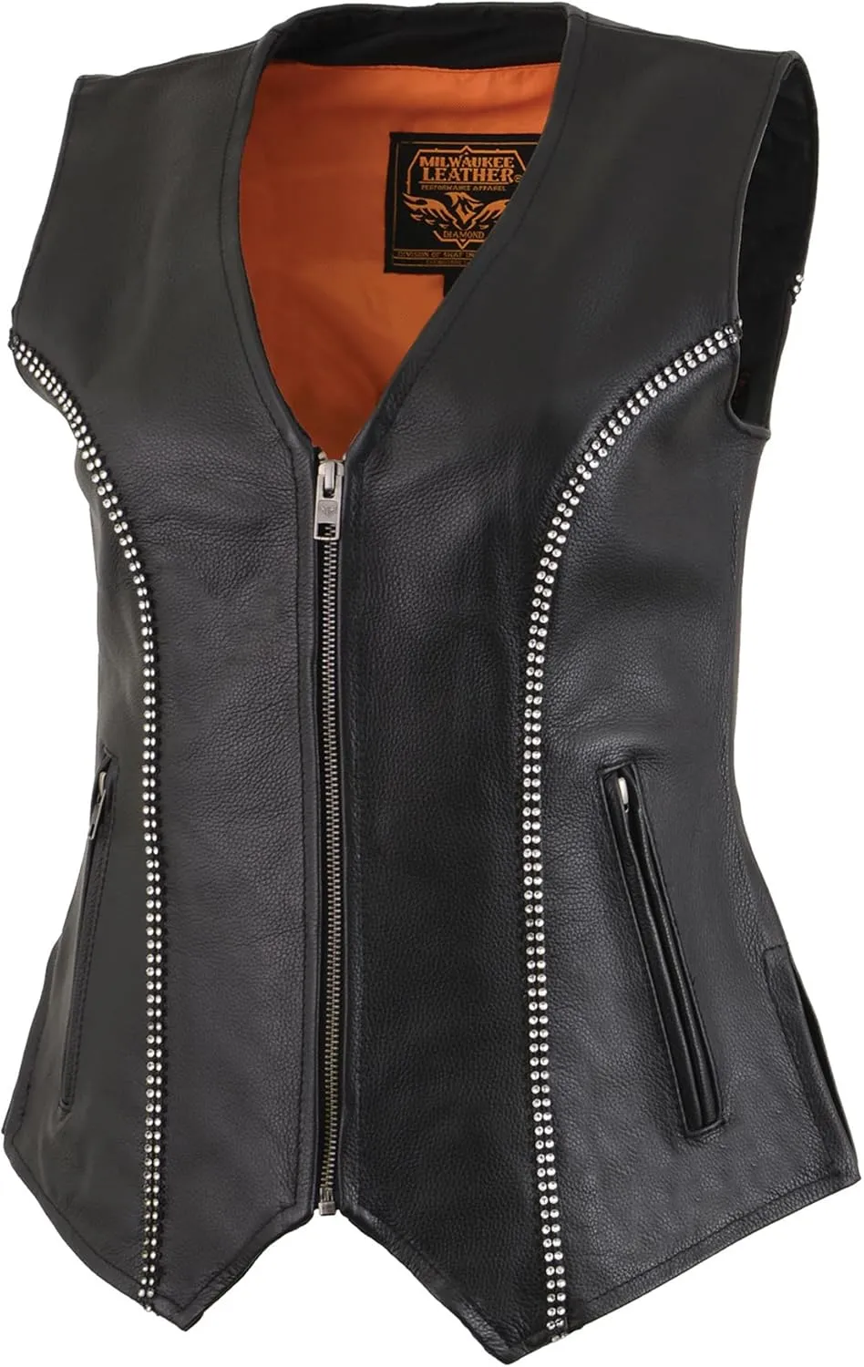 Milwaukee Leather Women's Black Leather Classic V-Neck Motorcycle Rider Vest with Rhinestone Bling Detail MLL4502