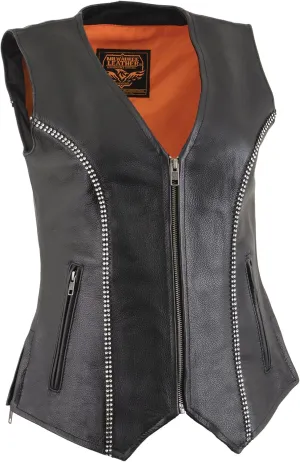 Milwaukee Leather Women's Black Leather Classic V-Neck Motorcycle Rider Vest with Rhinestone Bling Detail MLL4502