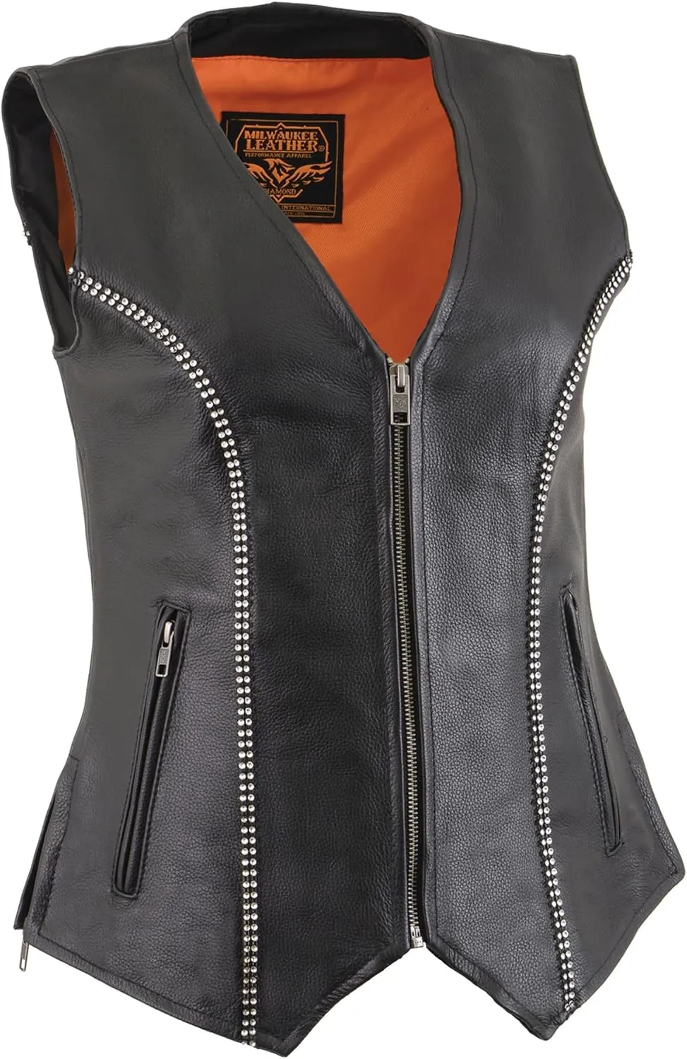 Milwaukee Leather Women's Black Leather Classic V-Neck Motorcycle Rider Vest with Rhinestone Bling Detail MLL4502