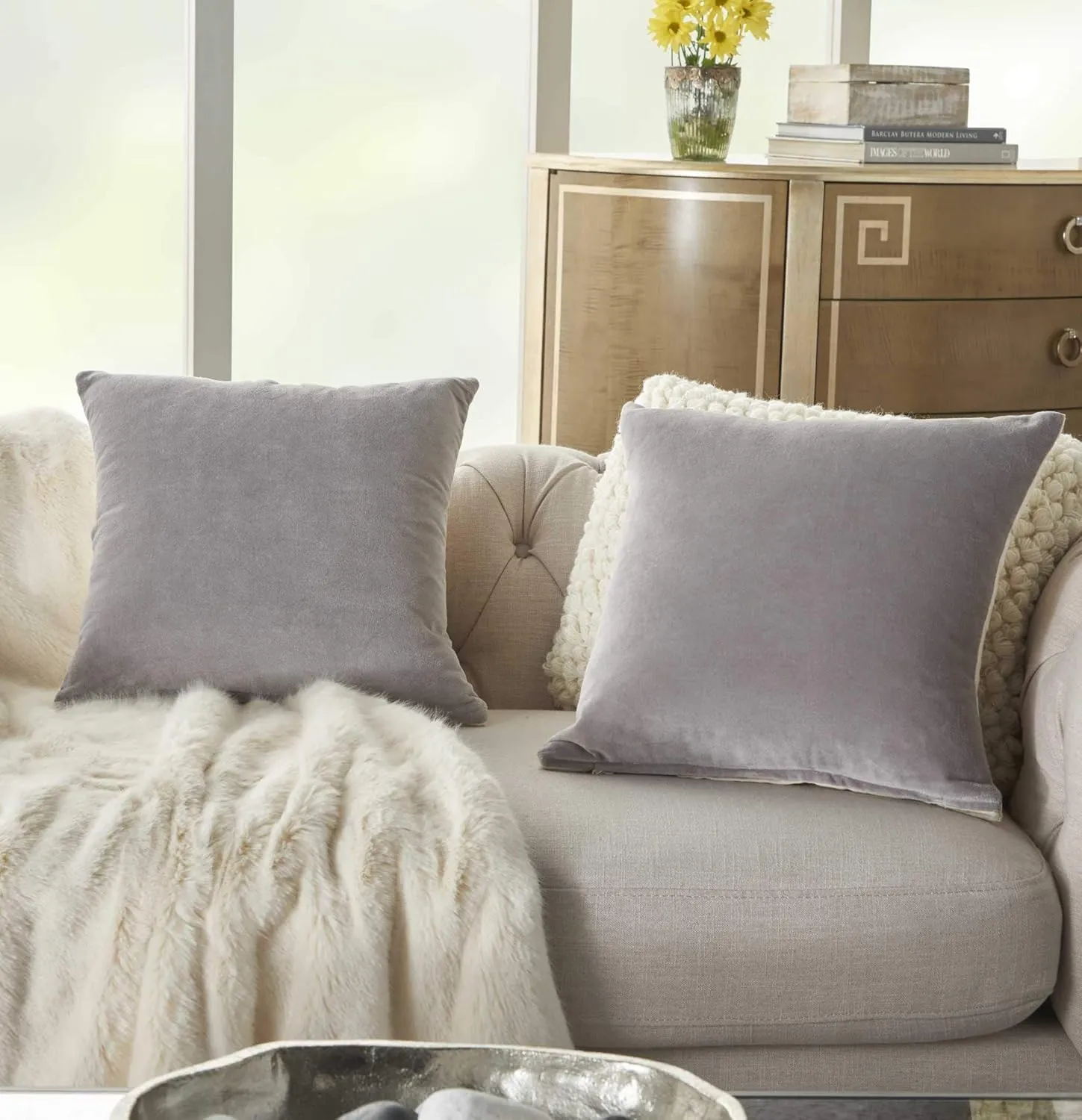 Mina Victory SS999 Pack of 2 Life Styles Velvet Grey Throw Pillow Cover Set 16" x 16", 2 Pieces, 16"x16"