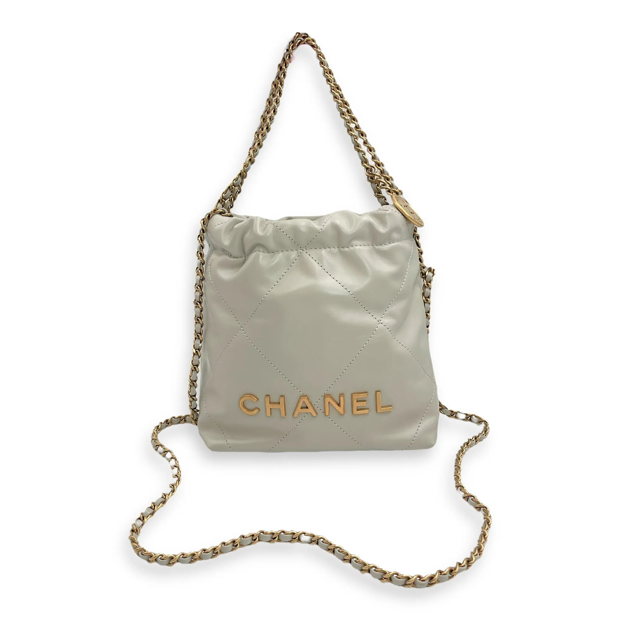 Mini 22 Grey Crossbody Bag in Calfskin, Gold hardware