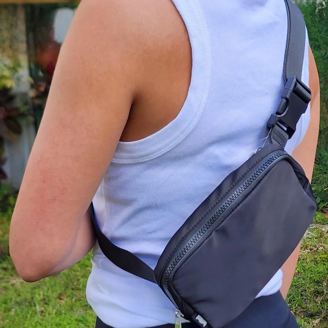 Mini Belt Bag Fanny Pack for Women, Men, Junior, Teens, Unisex Fashion Waist Crossbody Sling Bags, Anti-theft rear pocket, Adjustable Strap, Lightweight Nylon Waterproof (Black)