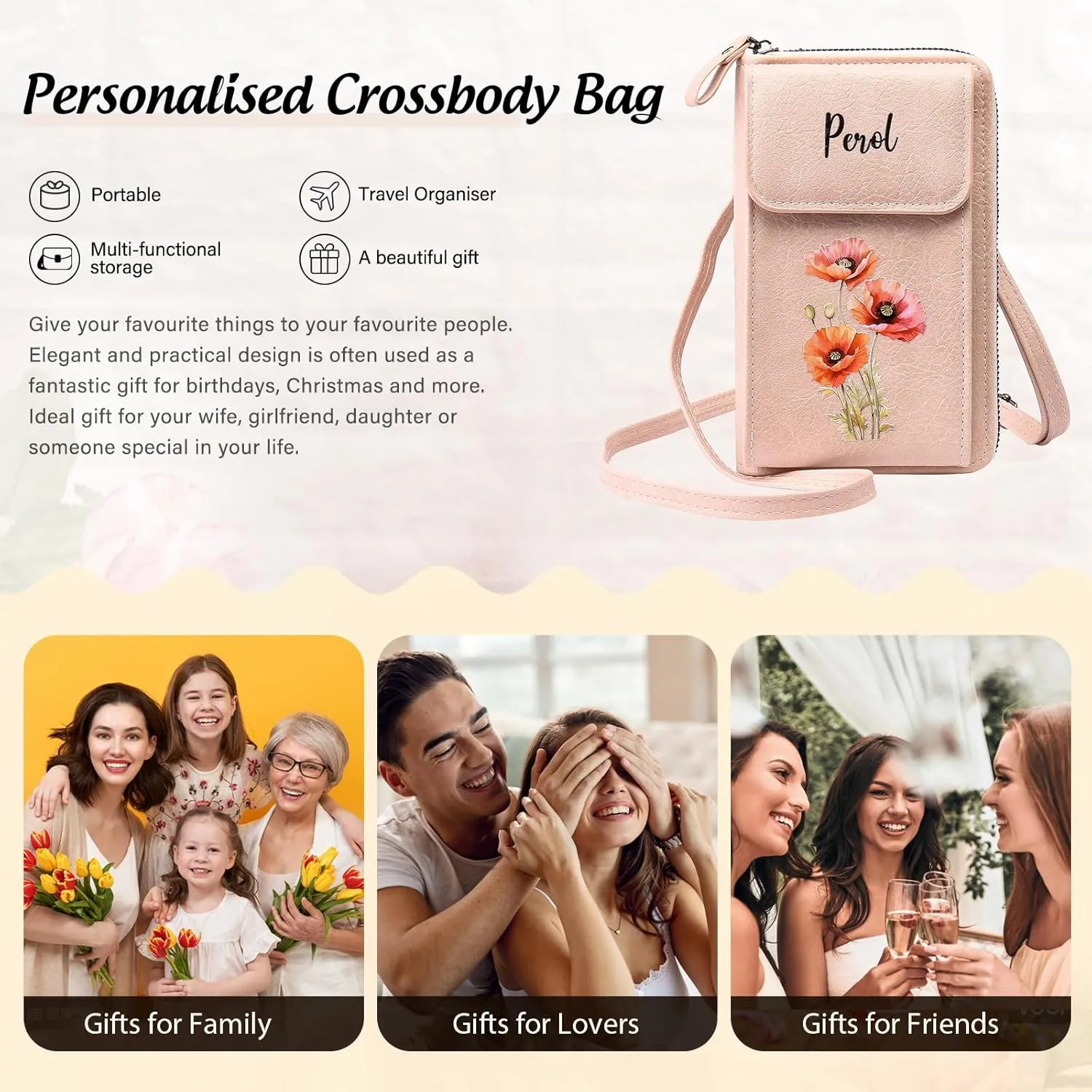 Mini Crossbody Bags for Women Custom Name Small Purse Personalized Birth Flower Womens Crossbody Wallet Cellphone Purse (Pink)