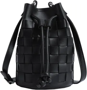 Mini Leather Woven Bucket Bag - Drawstring Purse Hobo Crossbody Handbag