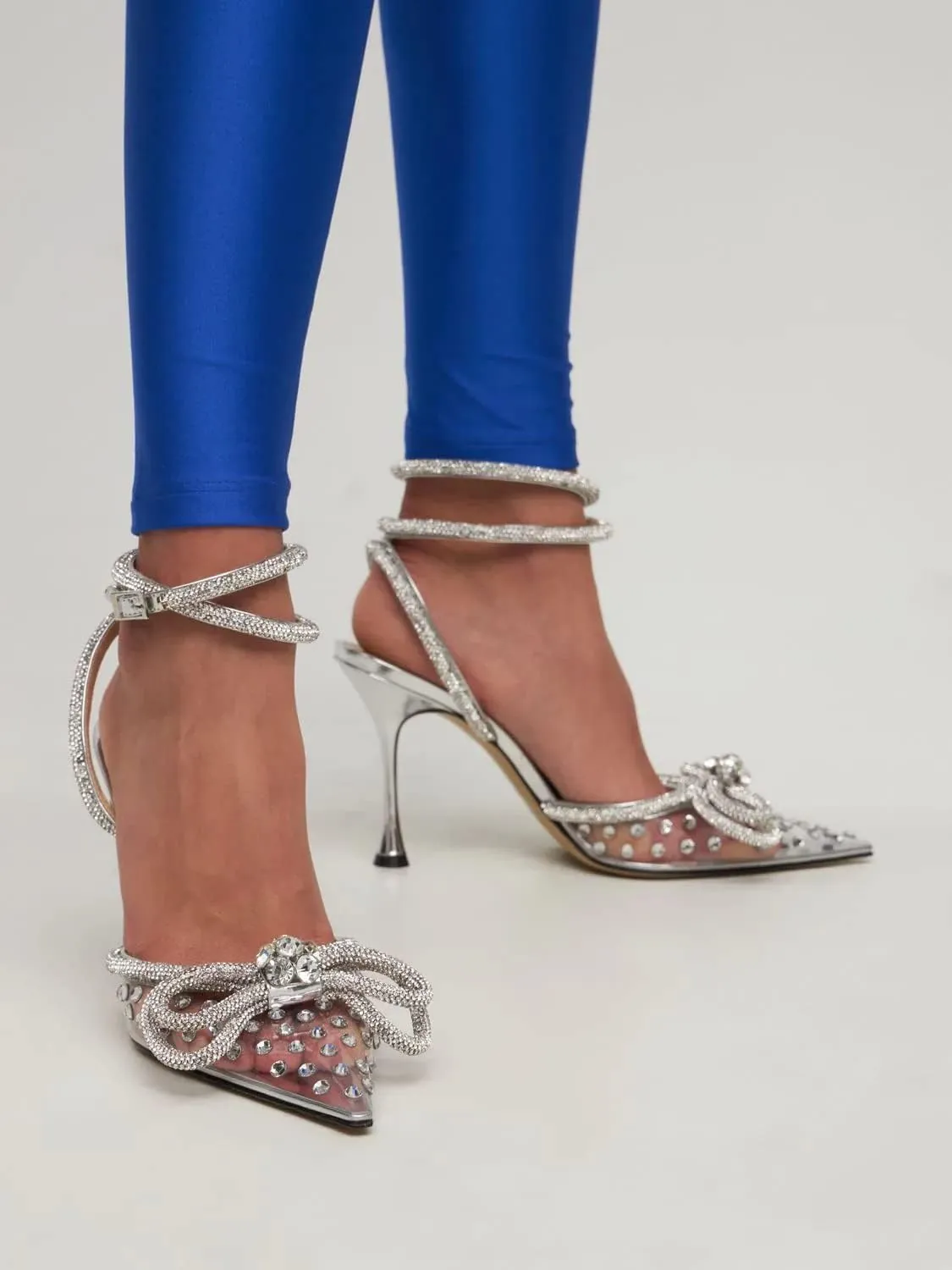 MissHeel Clear Rhinestone Ankle Strap Pumps Heels with Crystal Double Bows 3 inch