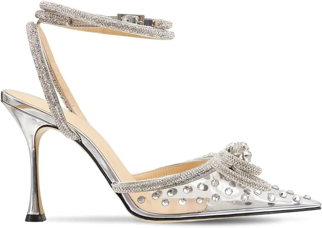 MissHeel Clear Rhinestone Ankle Strap Pumps Heels with Crystal Double Bows 3 inch