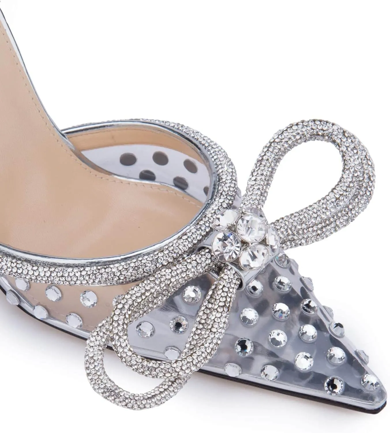 MissHeel Clear Rhinestone Ankle Strap Pumps Heels with Crystal Double Bows 3 inch