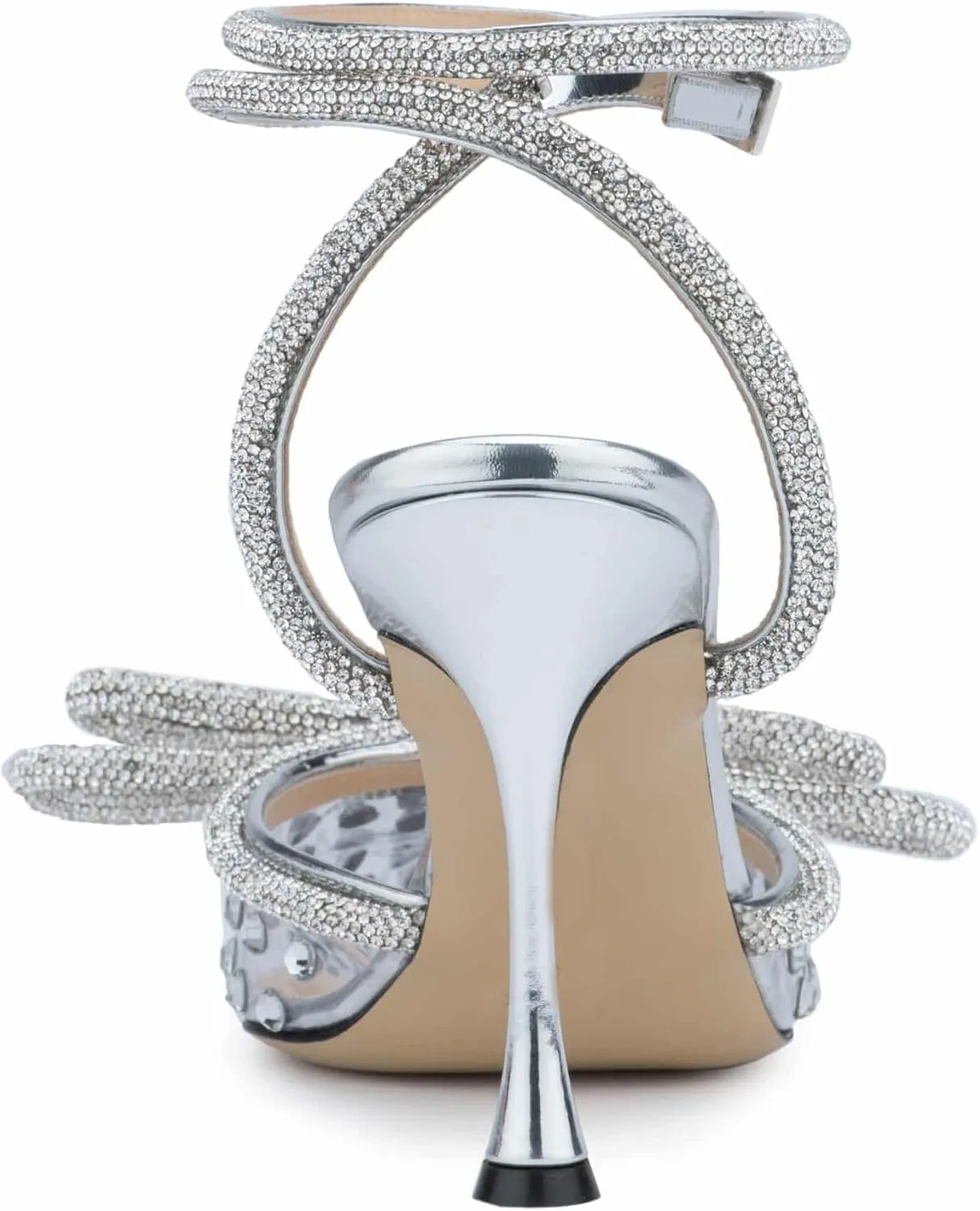 MissHeel Clear Rhinestone Ankle Strap Pumps Heels with Crystal Double Bows 3 inch