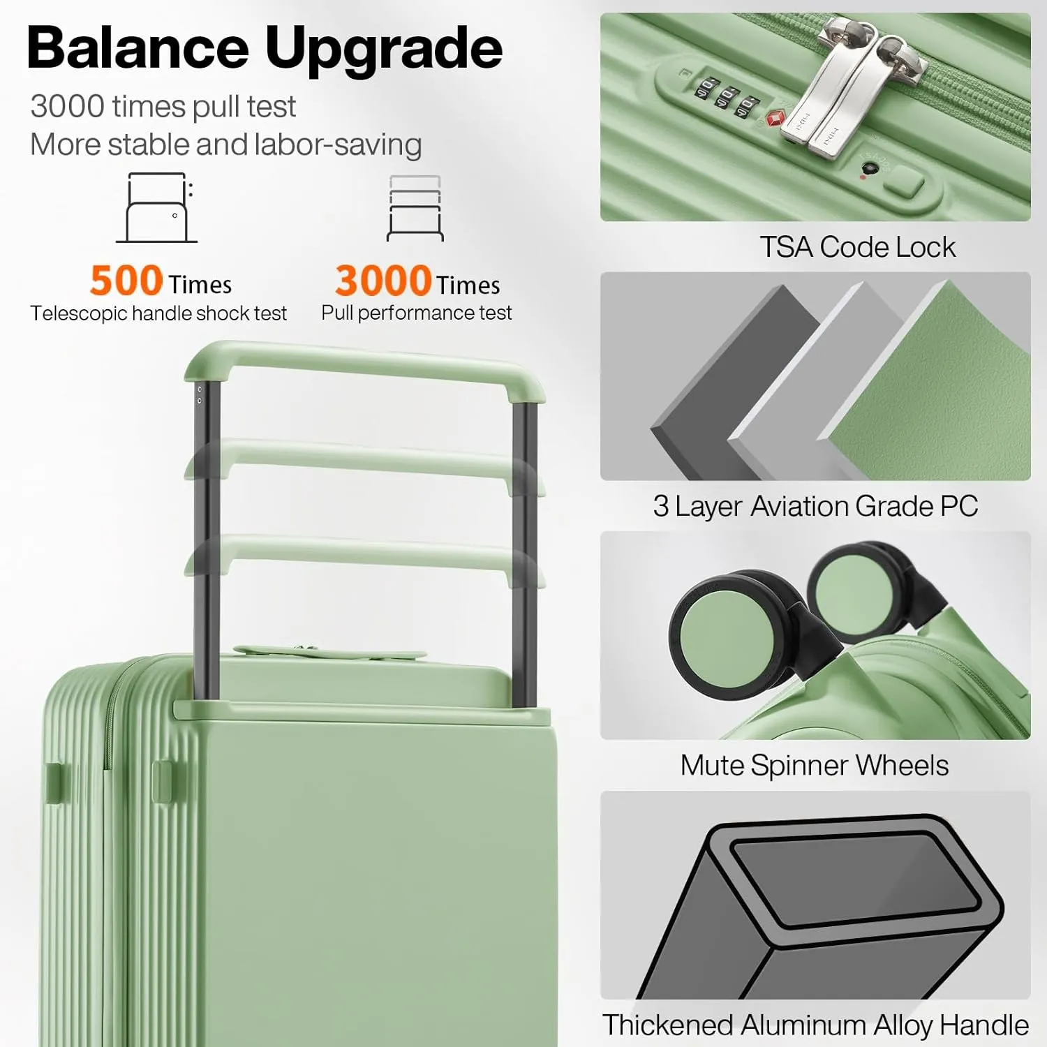 mixi Carry On Luggage Airline Approved Wide Handle Lightweight Luggage PC Hard Shell Suitcases Rolling Suitcases with Spinner Wheels & TSA Lock, 20 Inch Avocado Green