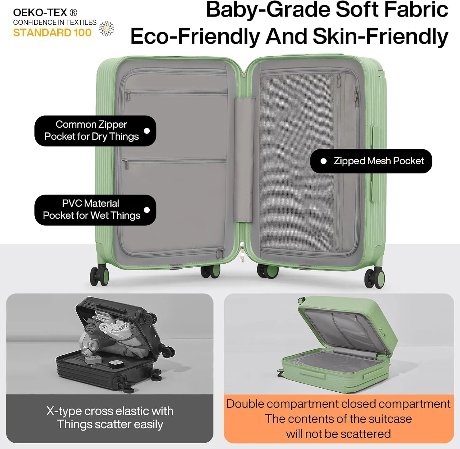 mixi Carry On Luggage Airline Approved Wide Handle Lightweight Luggage PC Hard Shell Suitcases Rolling Suitcases with Spinner Wheels & TSA Lock, 20 Inch Avocado Green