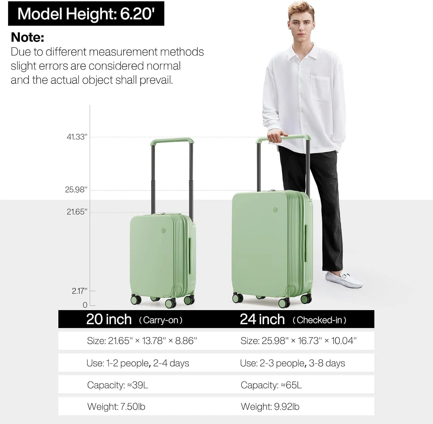 mixi Carry On Luggage Airline Approved Wide Handle Lightweight Luggage PC Hard Shell Suitcases Rolling Suitcases with Spinner Wheels & TSA Lock, 20 Inch Avocado Green