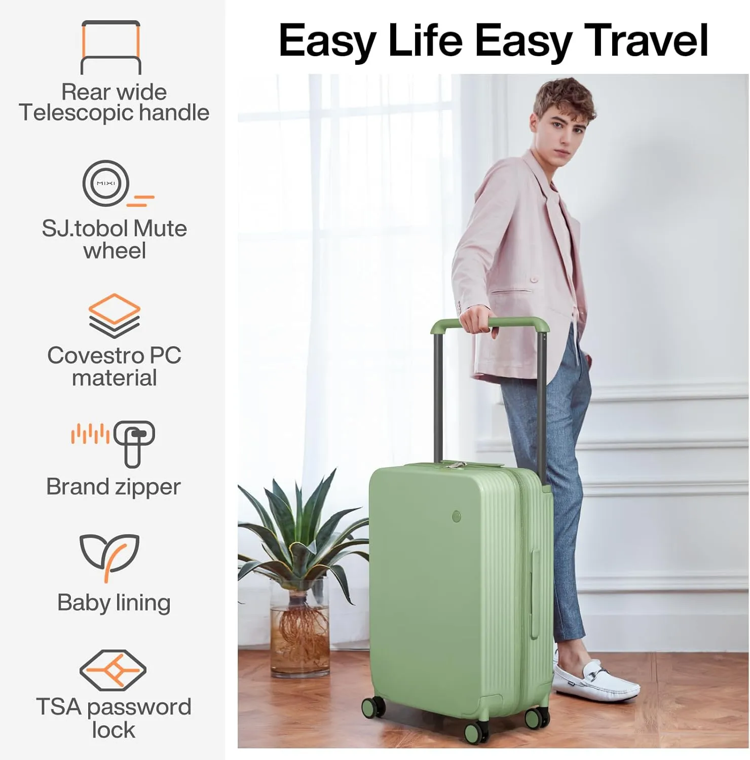 mixi Carry On Luggage Airline Approved Wide Handle Lightweight Luggage PC Hard Shell Suitcases Rolling Suitcases with Spinner Wheels & TSA Lock, 20 Inch Avocado Green