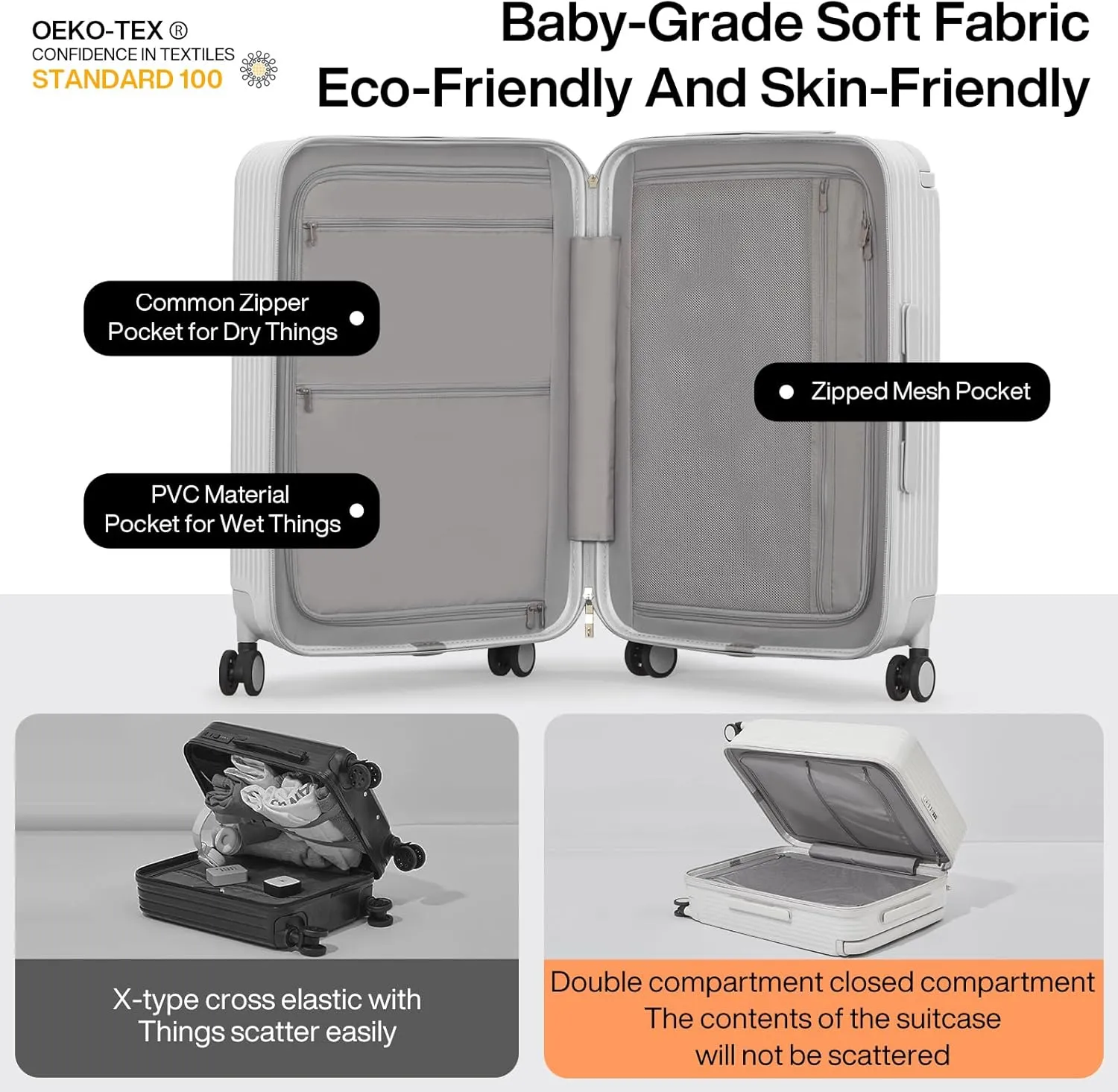mixi Carry On Luggage Airline Approved Wide Handle Lightweight Luggage PC Hard Shell Suitcases Rolling Suitcases with Spinner Wheels & TSA Lock, 20 Inch Smoke White