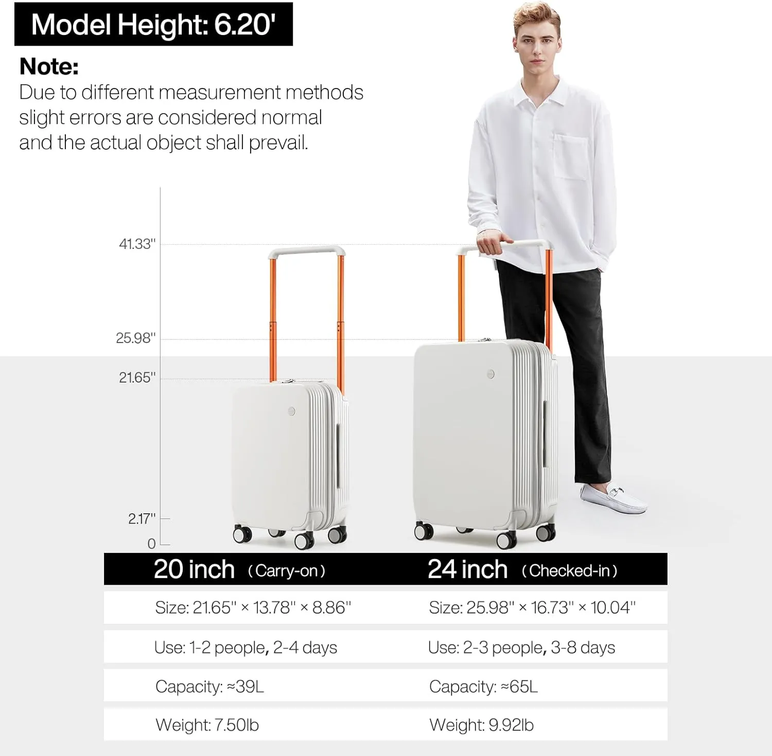 mixi Carry On Luggage Airline Approved Wide Handle Lightweight Luggage PC Hard Shell Suitcases Rolling Suitcases with Spinner Wheels & TSA Lock, 20 Inch Smoke White