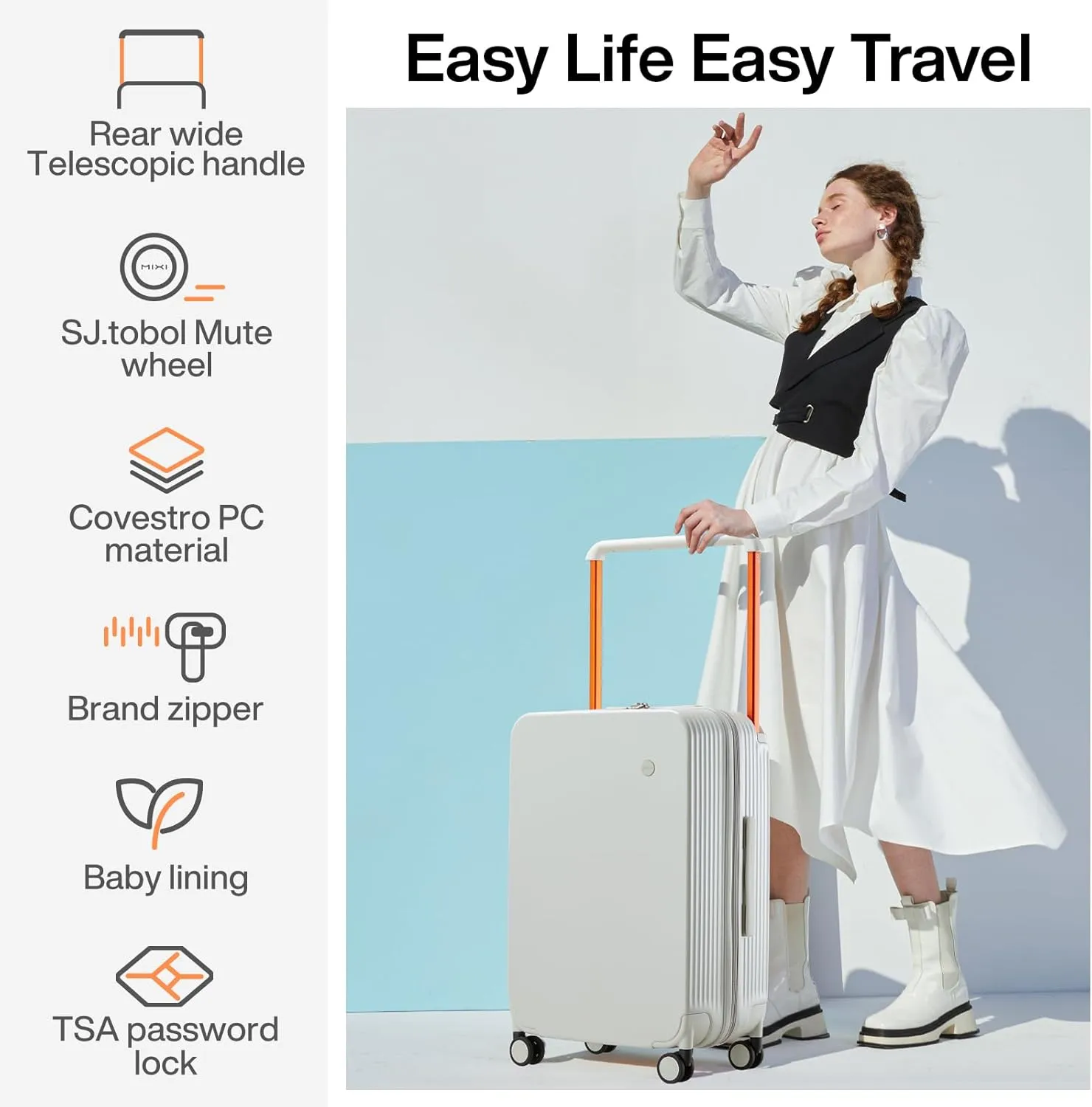mixi Carry On Luggage Airline Approved Wide Handle Lightweight Luggage PC Hard Shell Suitcases Rolling Suitcases with Spinner Wheels & TSA Lock, 20 Inch Smoke White