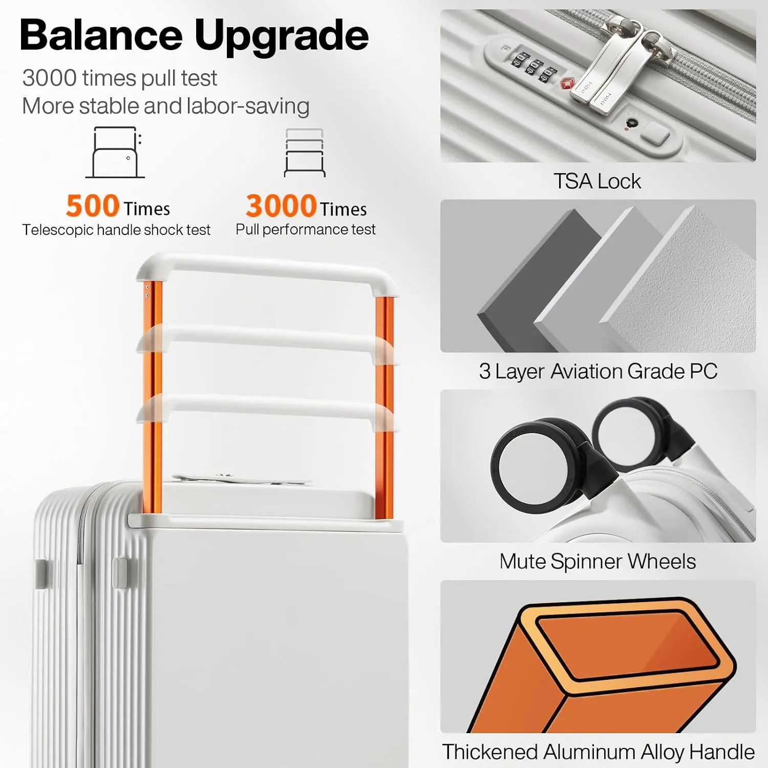 mixi Carry On Luggage Airline Approved Wide Handle Lightweight Luggage PC Hard Shell Suitcases Rolling Suitcases with Spinner Wheels & TSA Lock, 20 Inch Smoke White