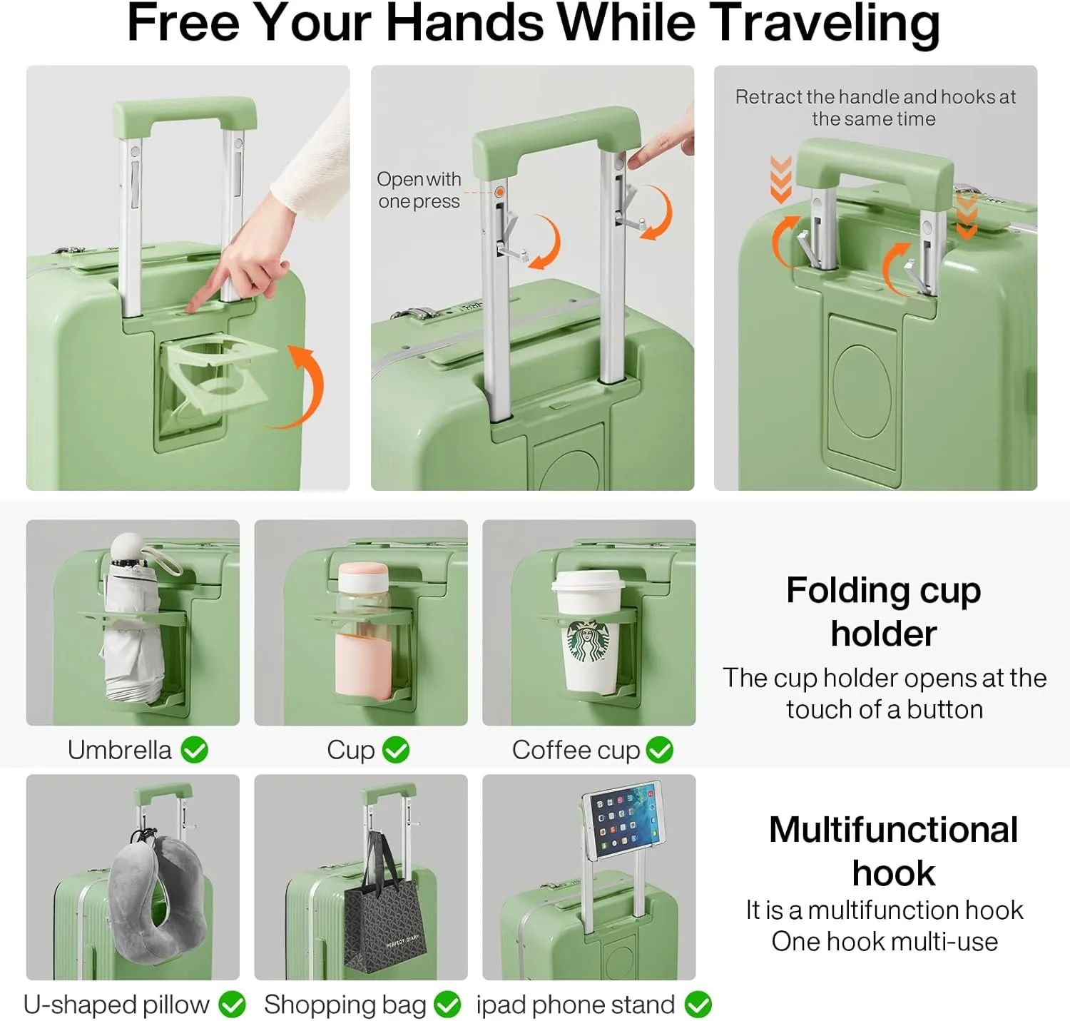 mixi Carry On Luggage with Cup Phone Holder and Charger Hard Shell Suitcases with Spinner Wheels, 20 Inch Avocado Green