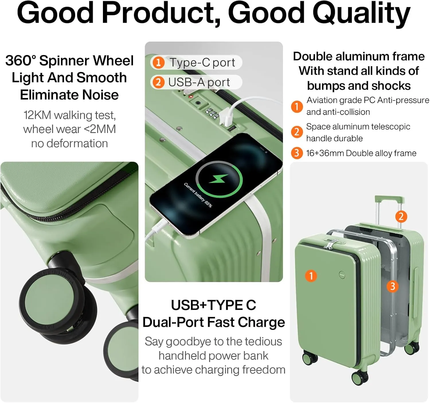 mixi Carry On Luggage with Cup Phone Holder and Charger Hard Shell Suitcases with Spinner Wheels, 20 Inch Avocado Green