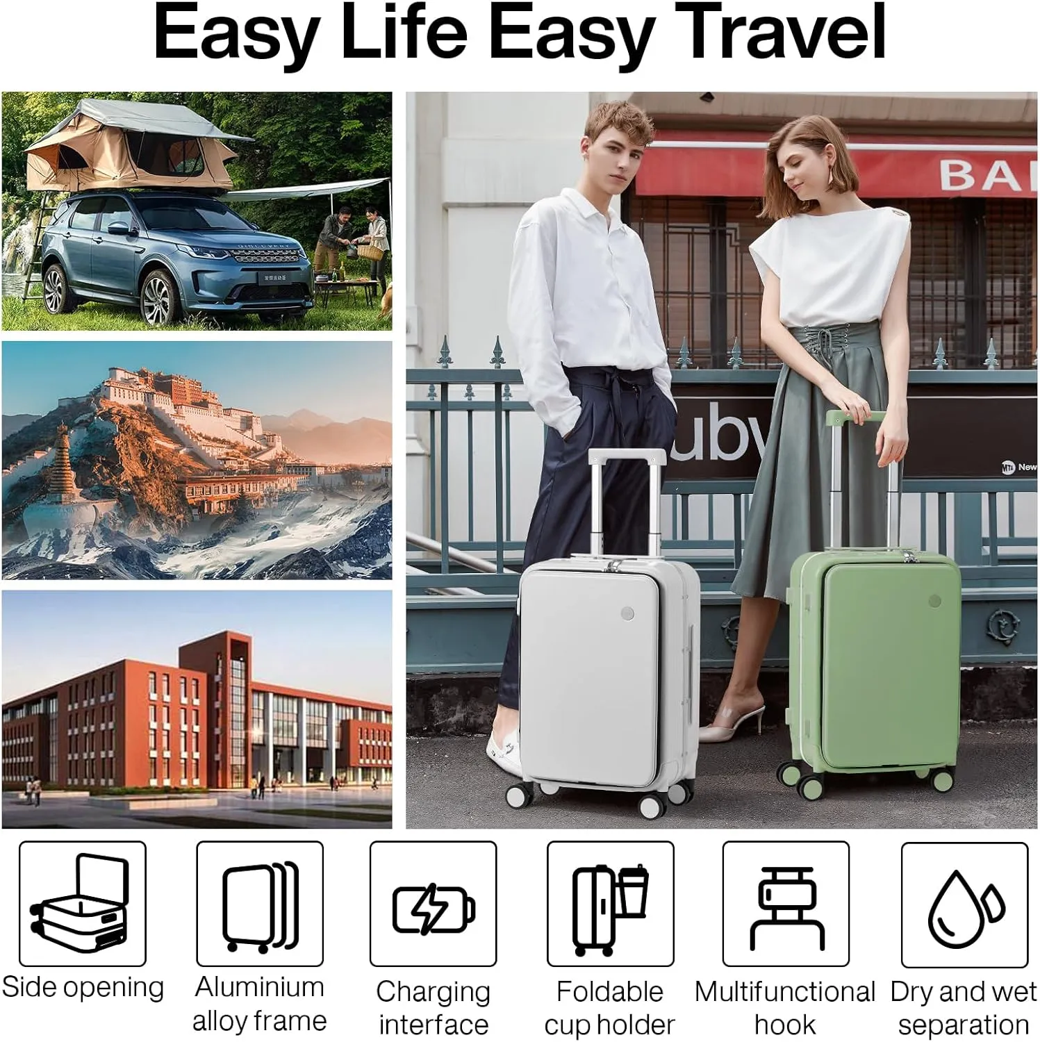 mixi Carry On Luggage with Cup Phone Holder and Charger Hard Shell Suitcases with Spinner Wheels, 20 Inch Avocado Green