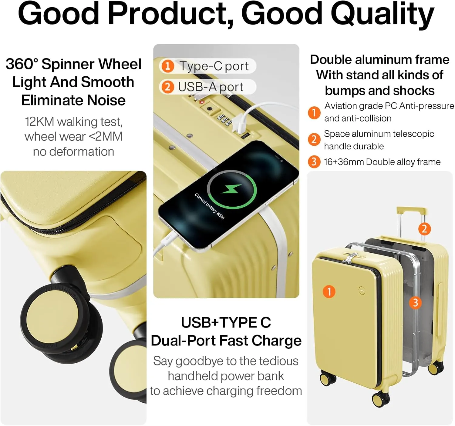 mixi Carry On Luggage with Cup Phone Holder and Charger Hard Shell Suitcases with Spinner Wheels,20 Inch Lark Yellow
